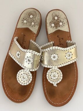 Jack Rogers Classic Jack Sandal. Gold w/white whipstitch leather. Size 8 Great!